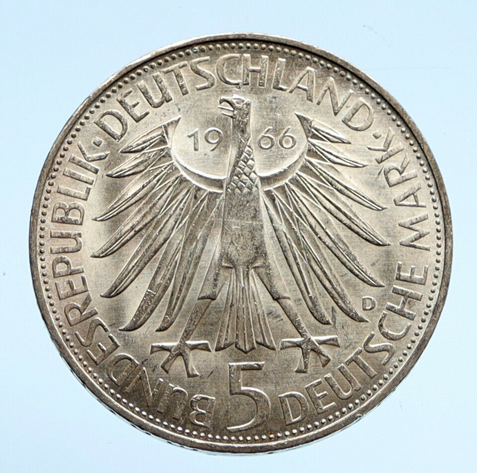 1966 D GERMANY Gottfried Wilhelm Leibniz Large 5 Mark Silver German Coin i94524