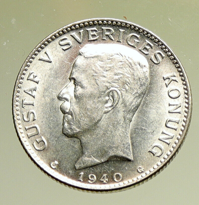 1940 Sweden GUSTAF V Crowned ARMS Antique OLD Vintage Silver Krona Coin i95237