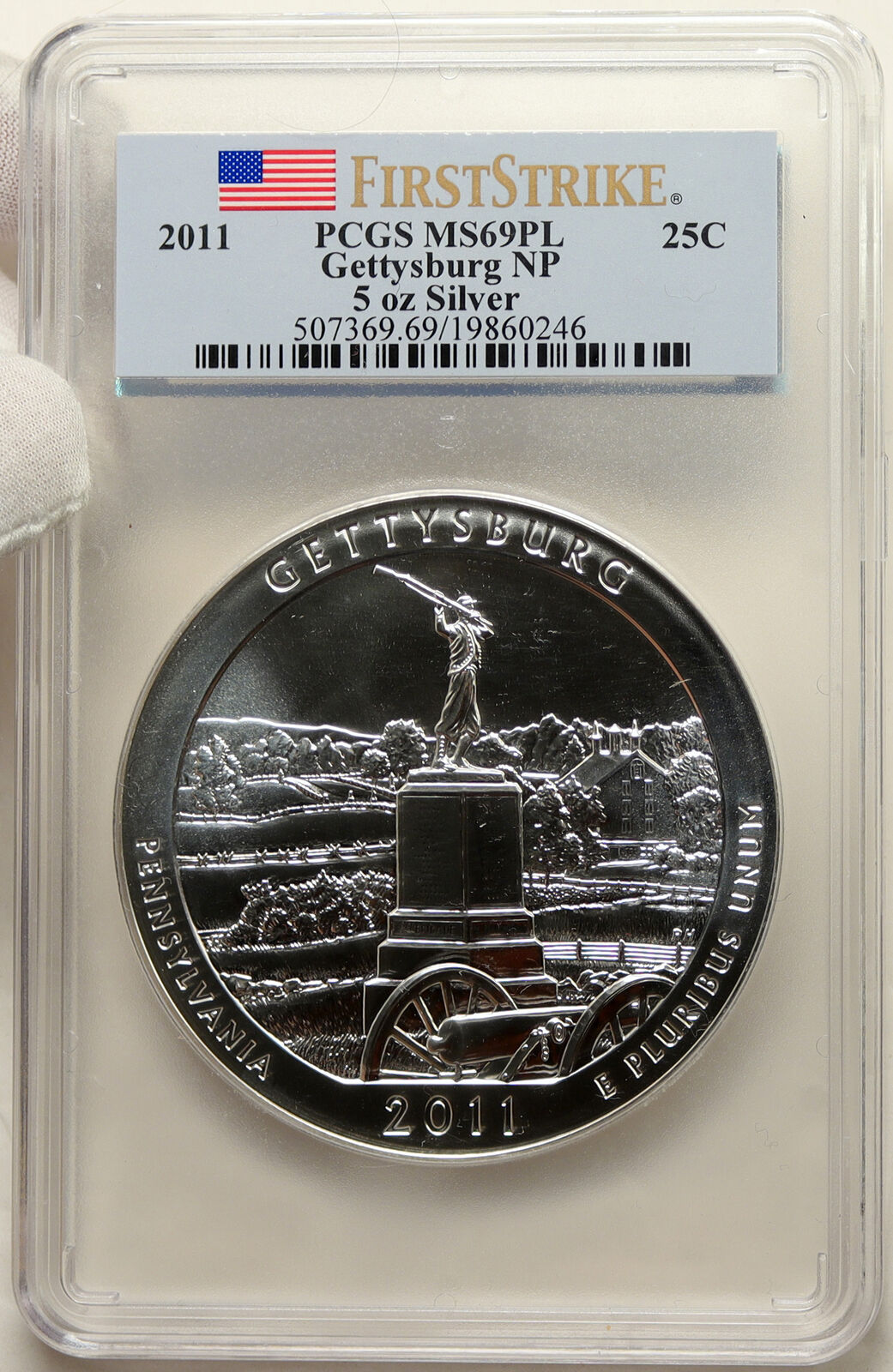 2011 UNITED STATES Gettysburg PA - 5 OZ Prooflike Silver 25C Coin PCGS i95247