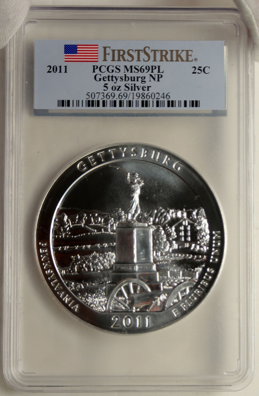 2011 UNITED STATES Gettysburg PA - 5 OZ Prooflike Silver 25C Coin PCGS i95247