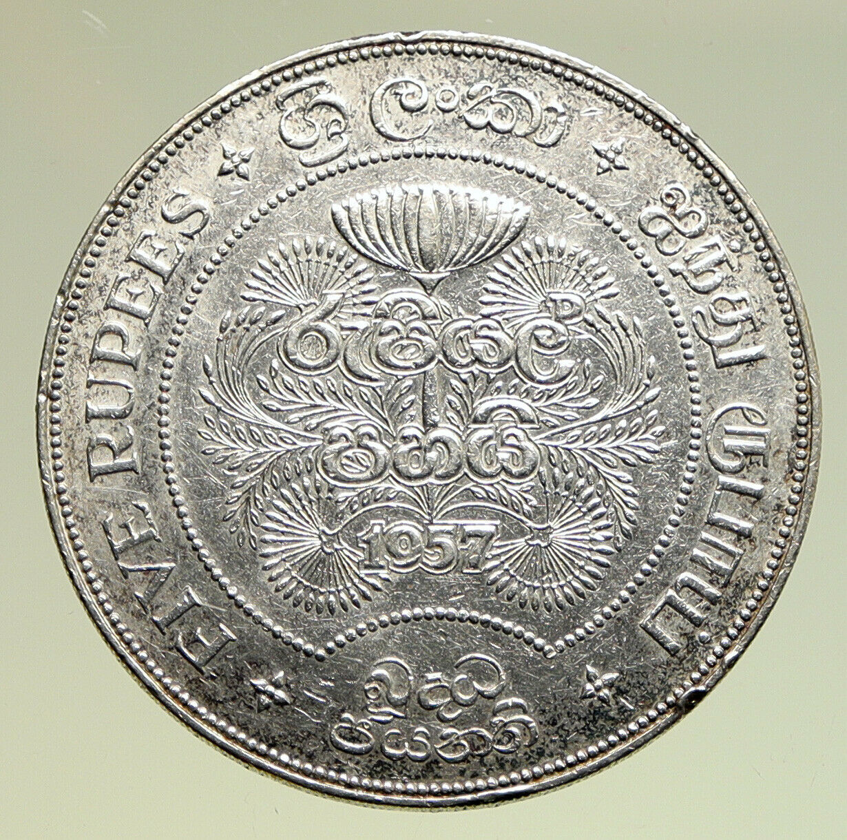 1957 CEYLON now SRI LANKA UK Queen Elizabeth II OLD Silver 5 RUPEES Coin i95000