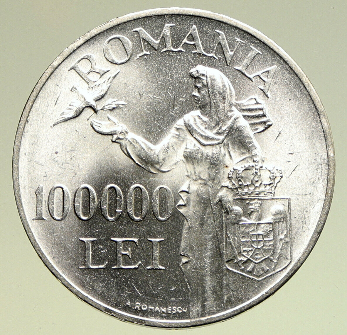 1946 ROMANIA Michael I Romanian Lady Bird Antique Silver 100000 Lei Coin i95009