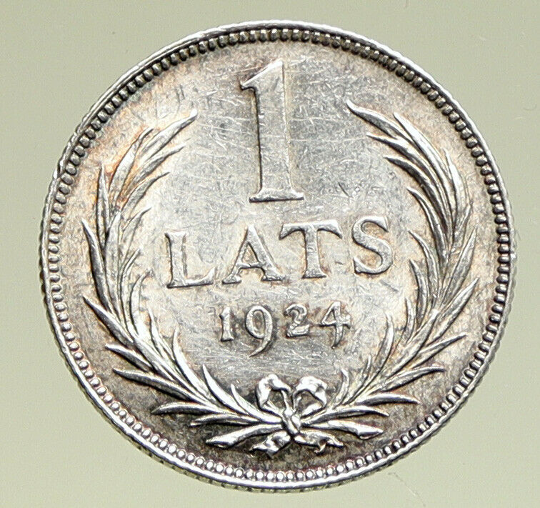 1924 LATVIA Lions & Shield ANTIQUE Vintage OLD Silver European Lats Coin i95012