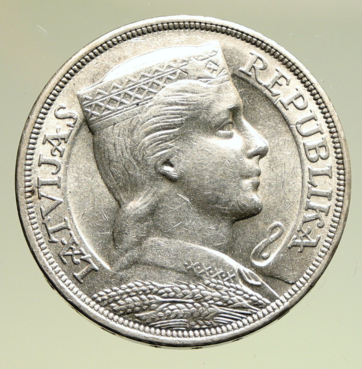 1931 LATVIA w Female Headwear 5 Lati LARGE Vintage Silver European Coin i95008