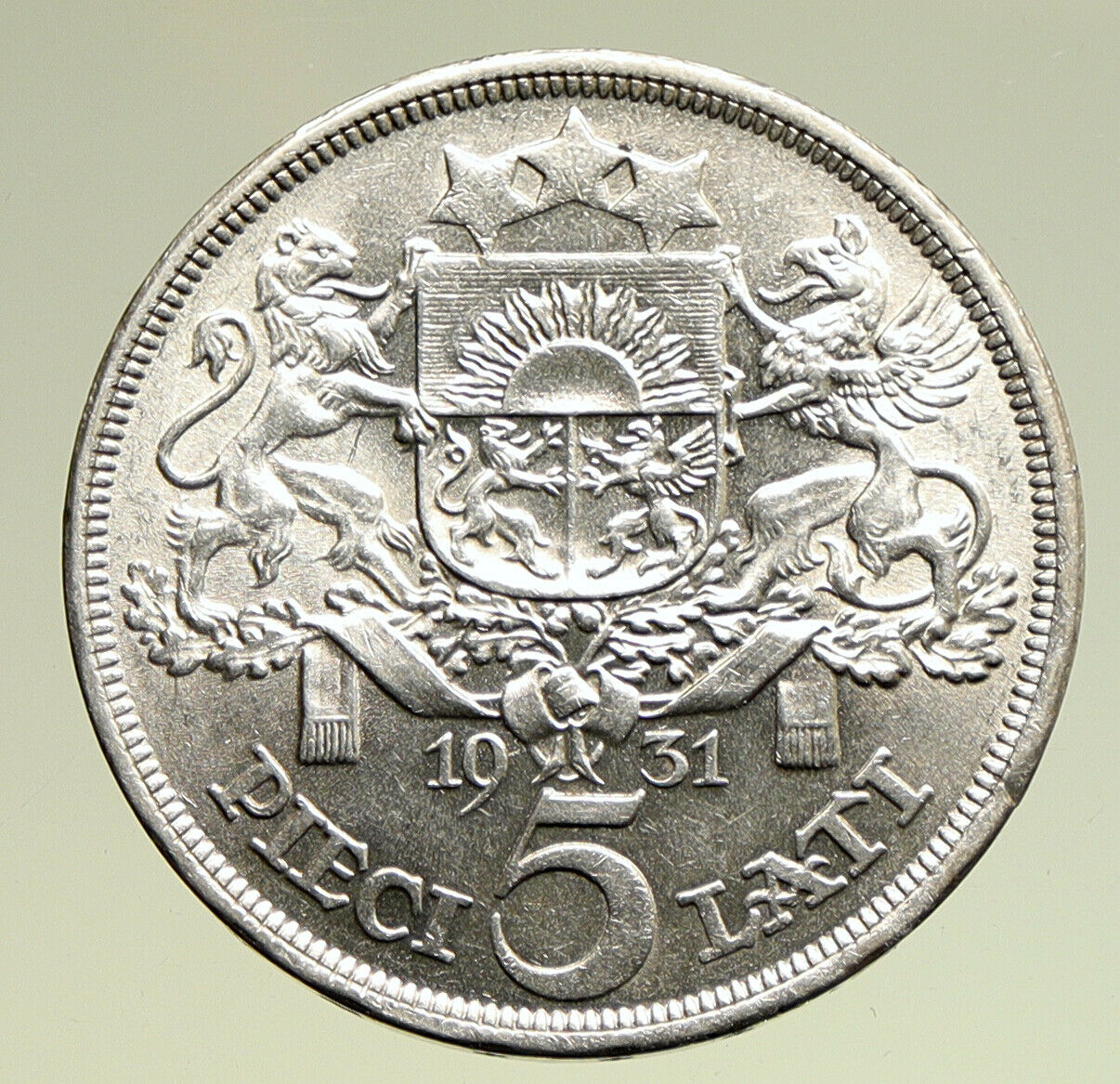 1931 LATVIA w Female Headwear 5 Lati LARGE Vintage Silver European Coin i95008