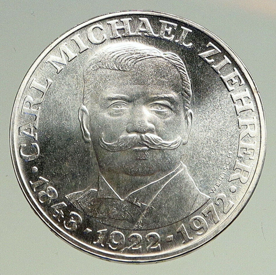 1972 AUSTRIA Musician Composer Carl Michael Ziehrer Silver 25 Shllng Coin i94742