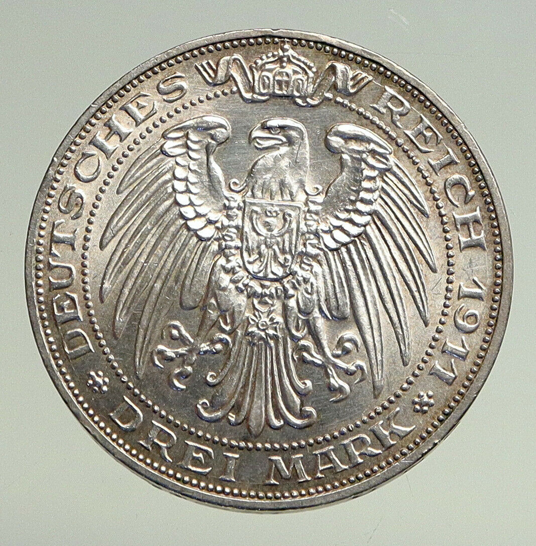 1911 A PRUSSIA KINGDOM Germany WILHELM II & III Silver 3 Mark German Coin i94747