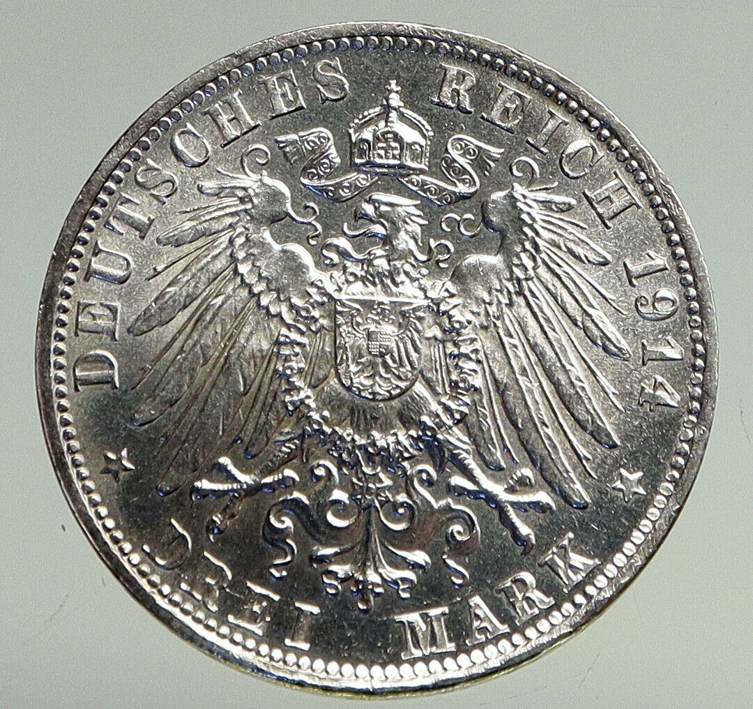 1914 D GERMANY German States BAVARIA King LUDWIG III Silver 3 Mark Coin i94739