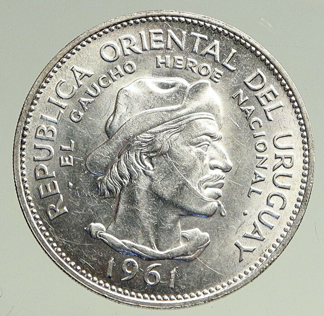 1961 URUGUAY w El Caucho Hero Against Spain ANTIQUE Silver 10 Pesos Coin i94759