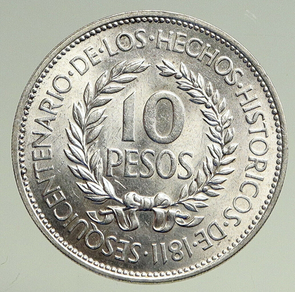 1961 URUGUAY w El Caucho Hero Against Spain ANTIQUE Silver 10 Pesos Coin i94759