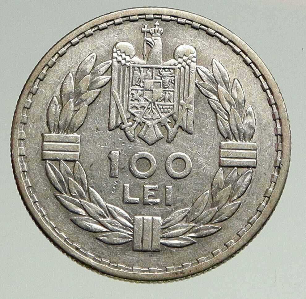 1932 ROMANIA King Carol II Eagle VINTAGE Old Silver 100 Lei Romanian Coin i94763