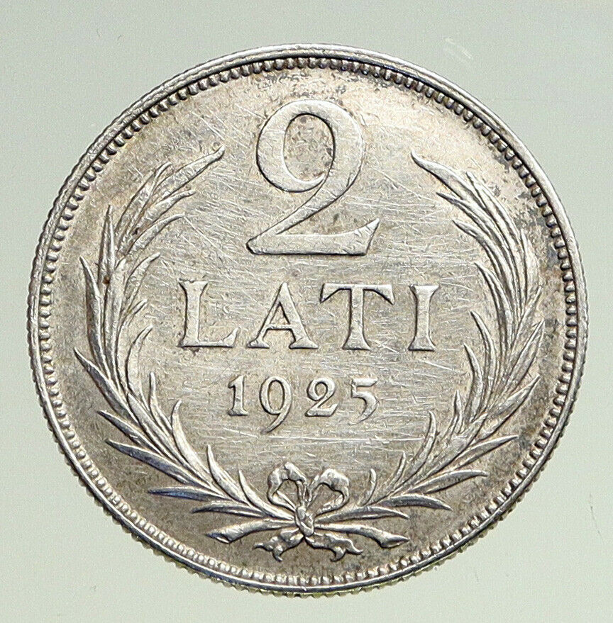 1925 LATVIA Lions Shield ANTIQUE OLD Vintage Silver European 2 Lati Coin i94731
