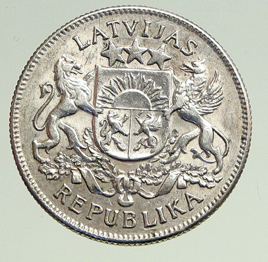 1925 LATVIA Lions Shield ANTIQUE OLD Vintage Silver European 2 Lati Coin i94731