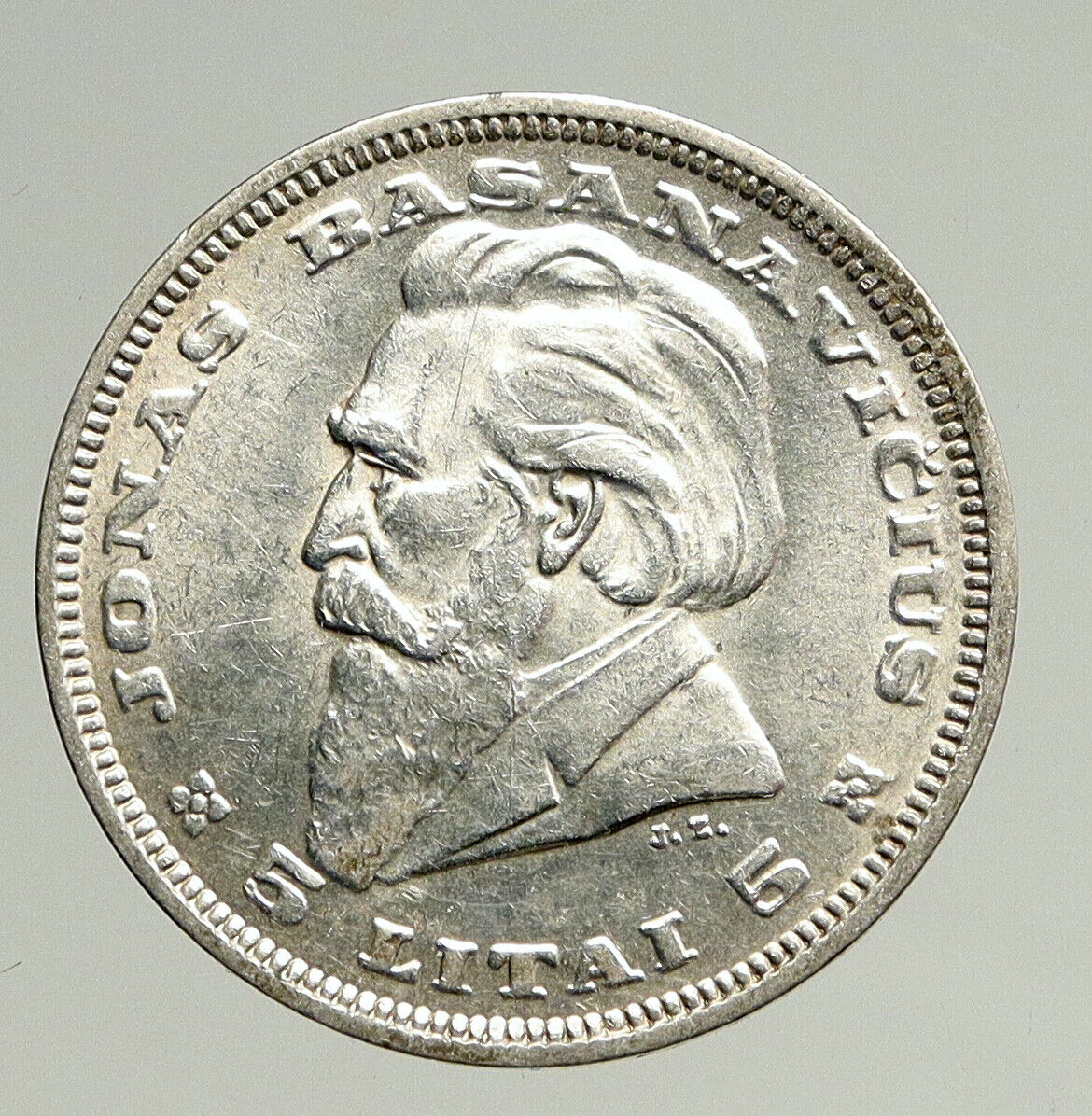 1936 LITHUANIA Silver 5 Litai JONAS BASANAVICIUS Vintage Lithuanian Coin i93670