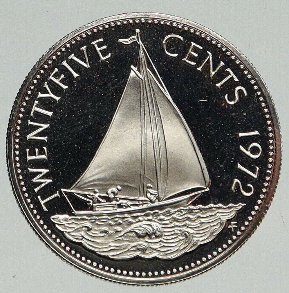 1972 BAHAMAS UK Queen Elizabeth II BOHEMIAN SAILBOAT Proof 25 Cents Coin i93288