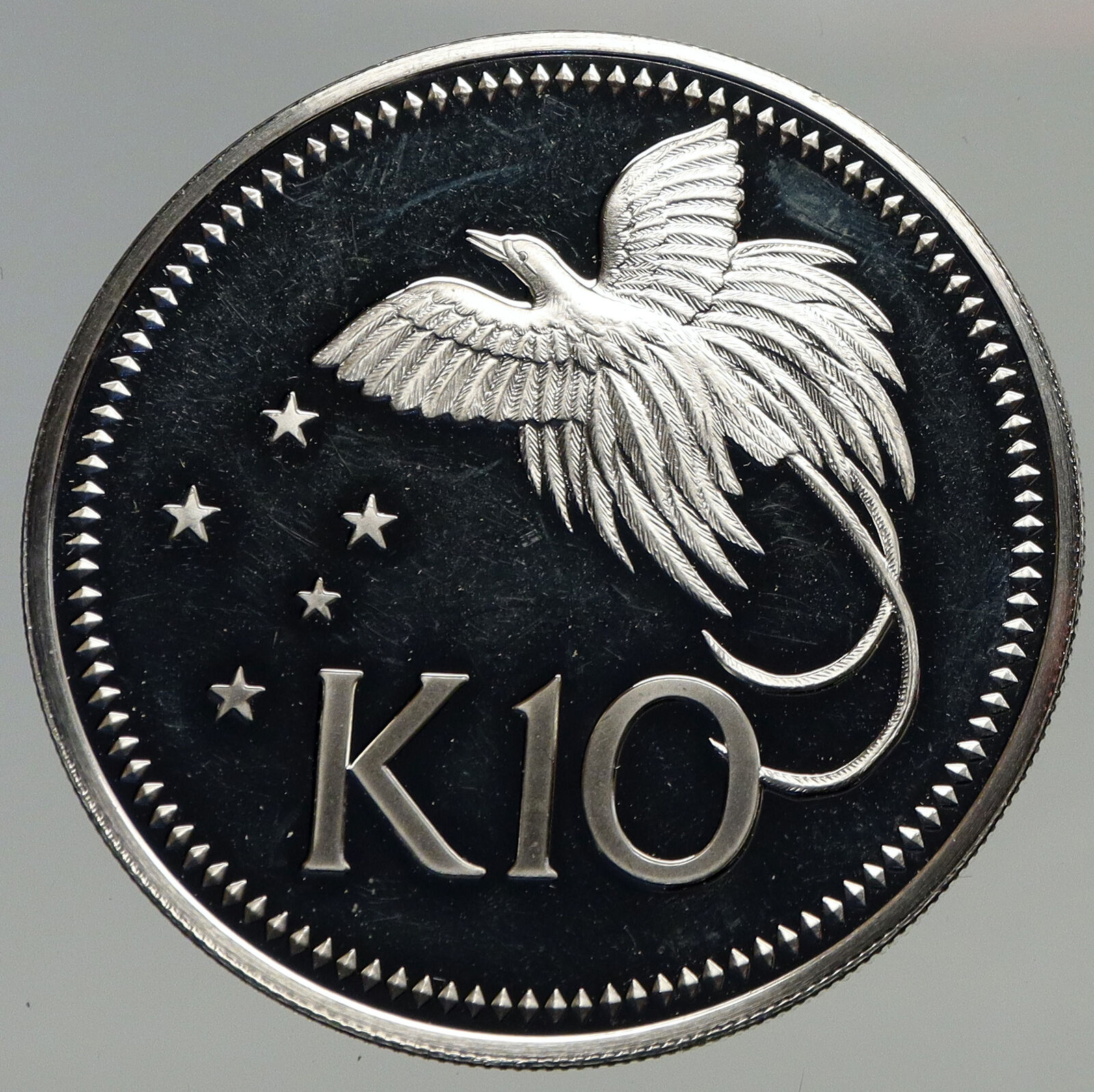 1975 PAPUA NEW GUINEA Large 4.5CM Exotic Bird Proof Silver 10 Kina Coin i93383