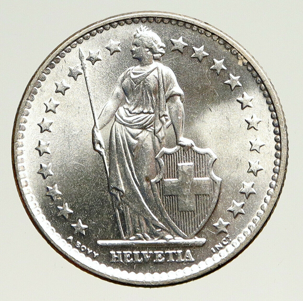 1965 SWITZERLAND - HELVETIA Symbolizes SWISS Nation SILVER 2 Francs Coin i93674