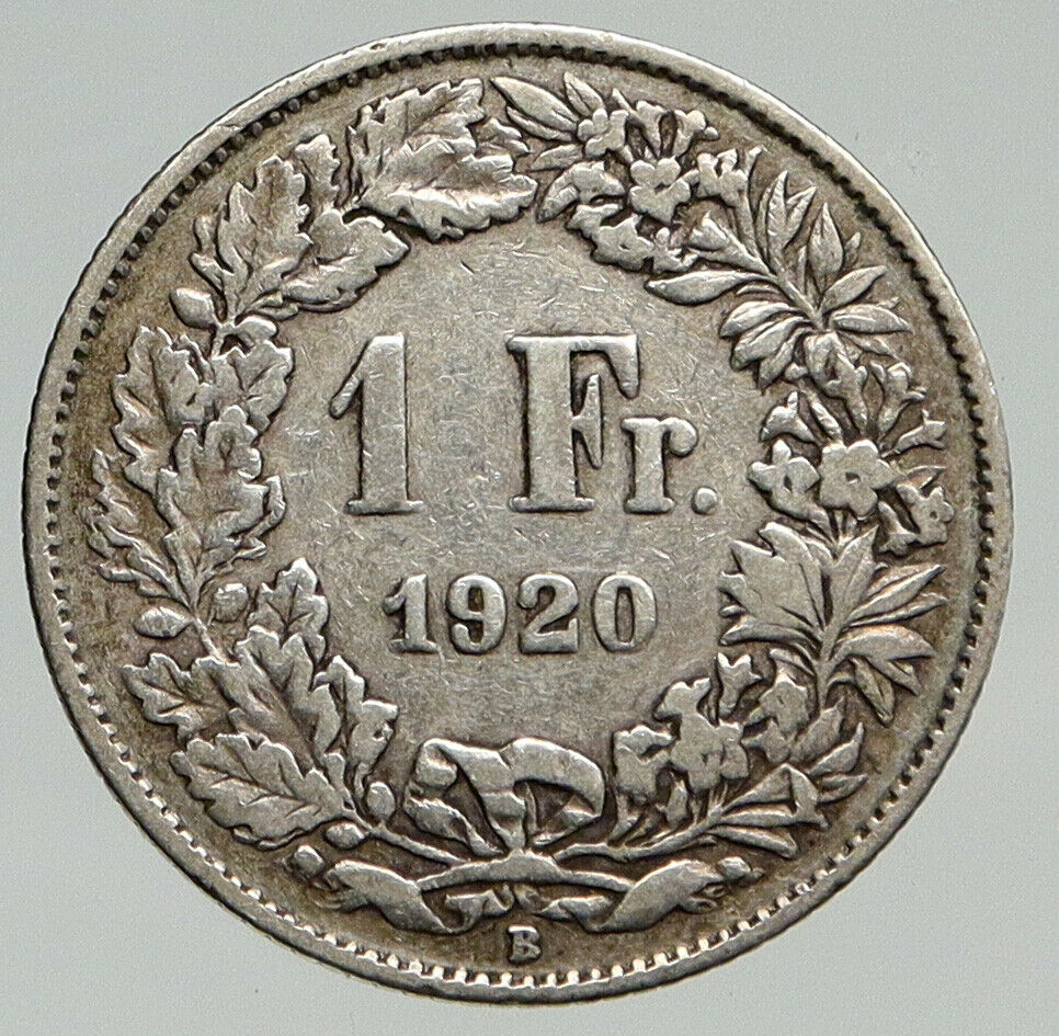 1920 B SWITZERLAND - HELVETIA Symbolizes SWISS Nation SILVER 1 Franc Coin i93291