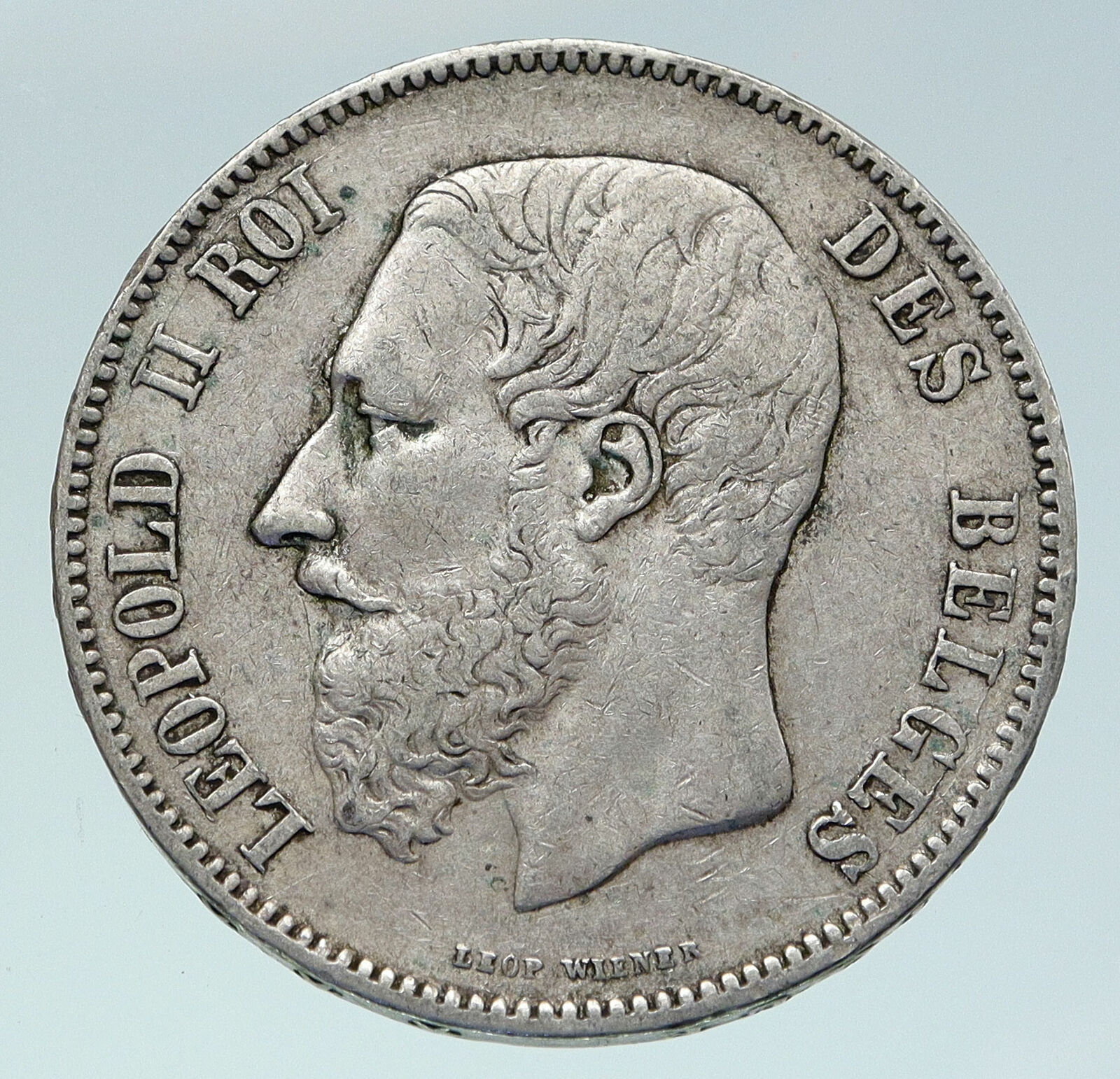 1869 BELGIUM with King LEOPOLD II and LION Genuine Silver 5 Francs Coin i86491