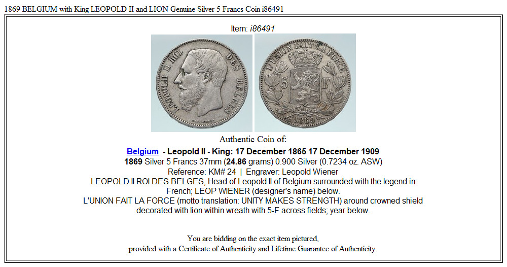 1869 BELGIUM with King LEOPOLD II and LION Genuine Silver 5 Francs Coin i86491