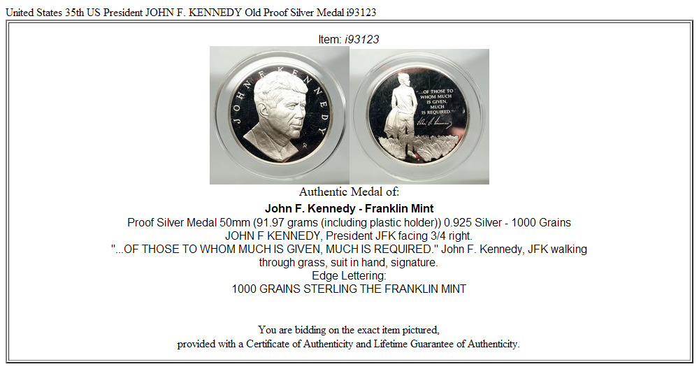 United States 35th US President JOHN F. KENNEDY Old Proof Silver Medal i93123