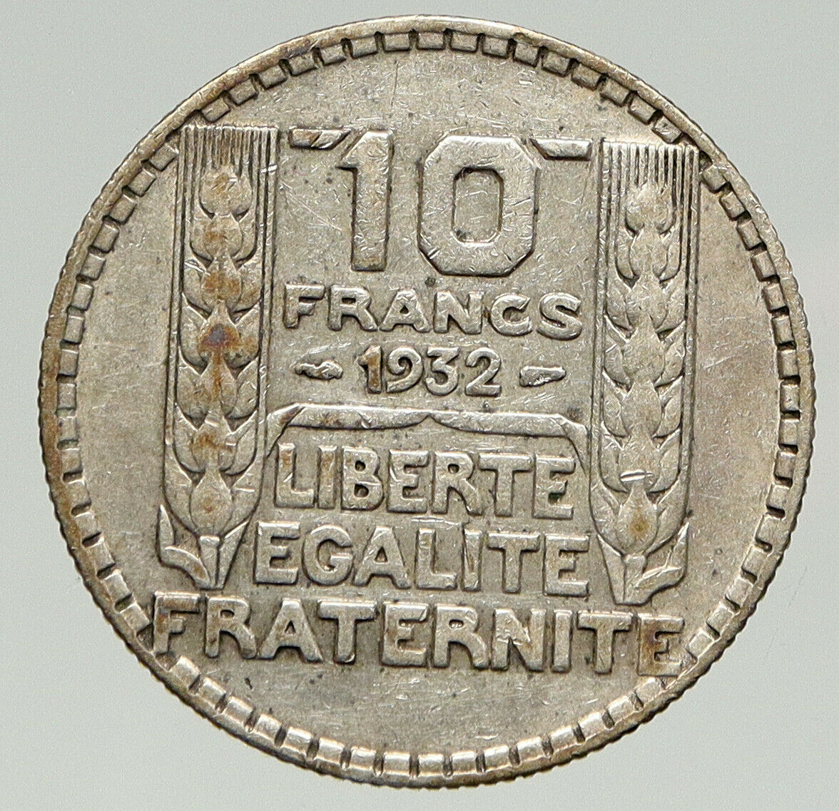 1932 FRANCE w Marianne FRENCH MOTTO Antique VINTAGE Silver 10 Francs Coin i93262