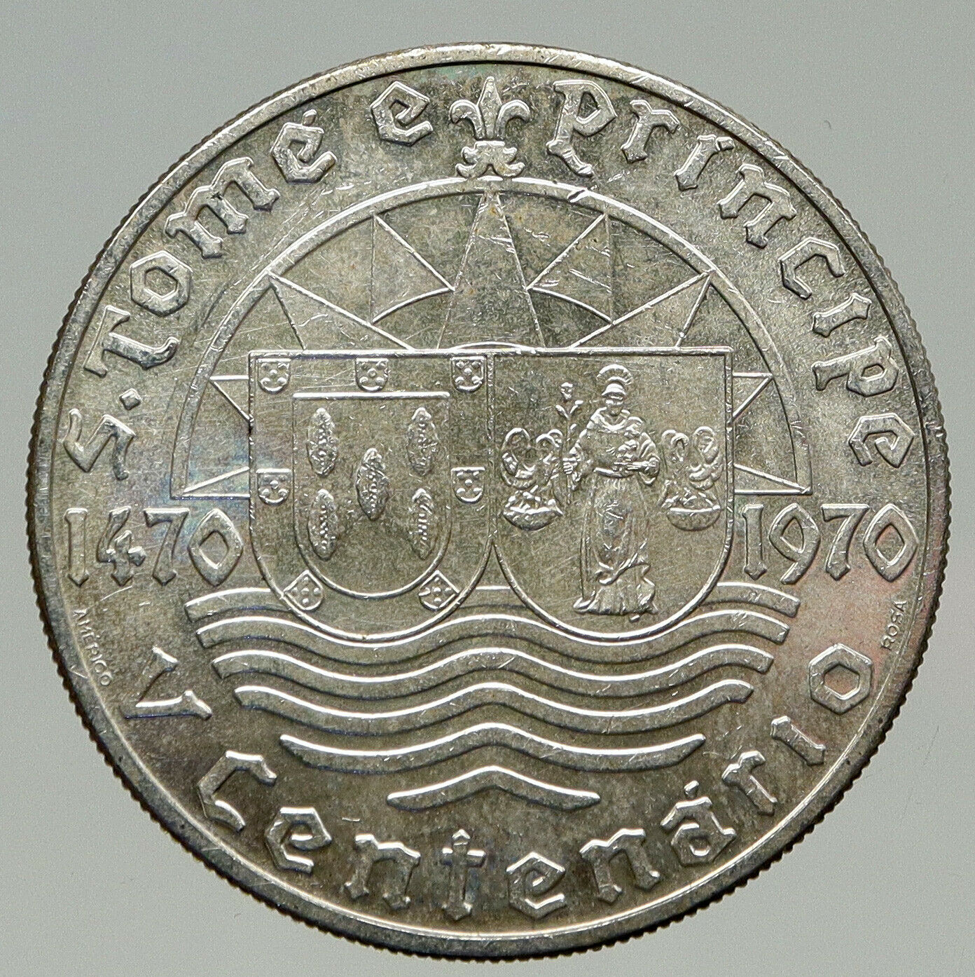 1970 SAO TOME AND PRINCIPE Shields Waves Discovery Silver 50 Escudos Coin i93269