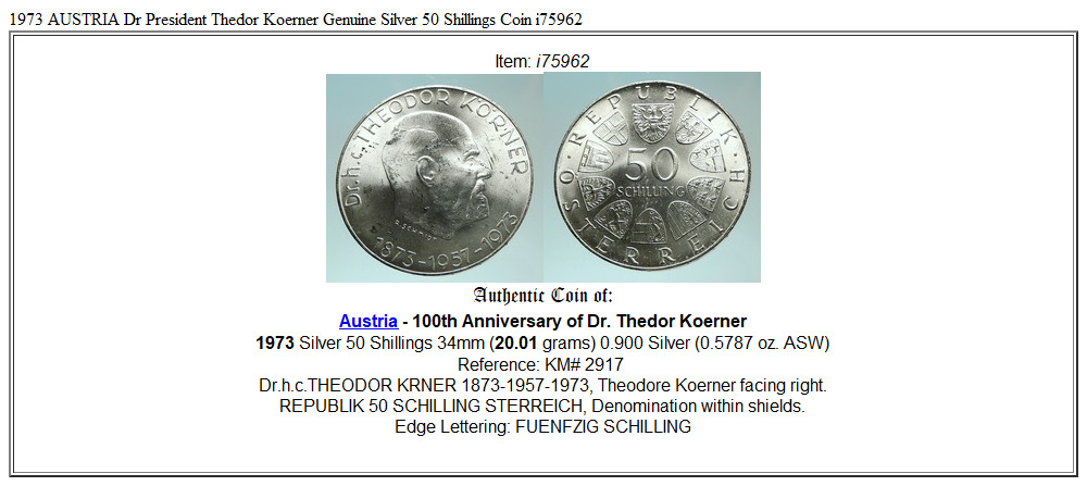 1973 AUSTRIA Dr President Thedor Koerner Genuine Silver 50 Shillings Coin i75962