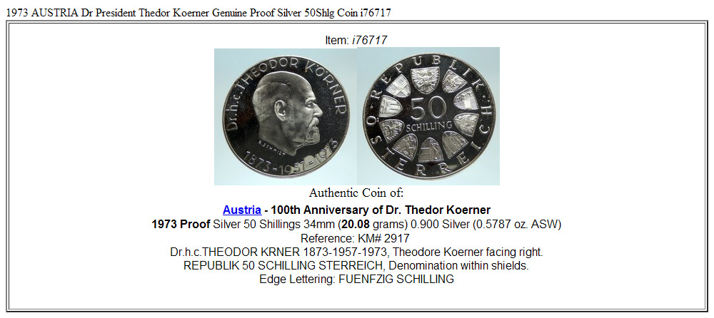 1973 AUSTRIA Dr President Thedor Koerner Genuine Proof Silver 50Shlg Coin i76717