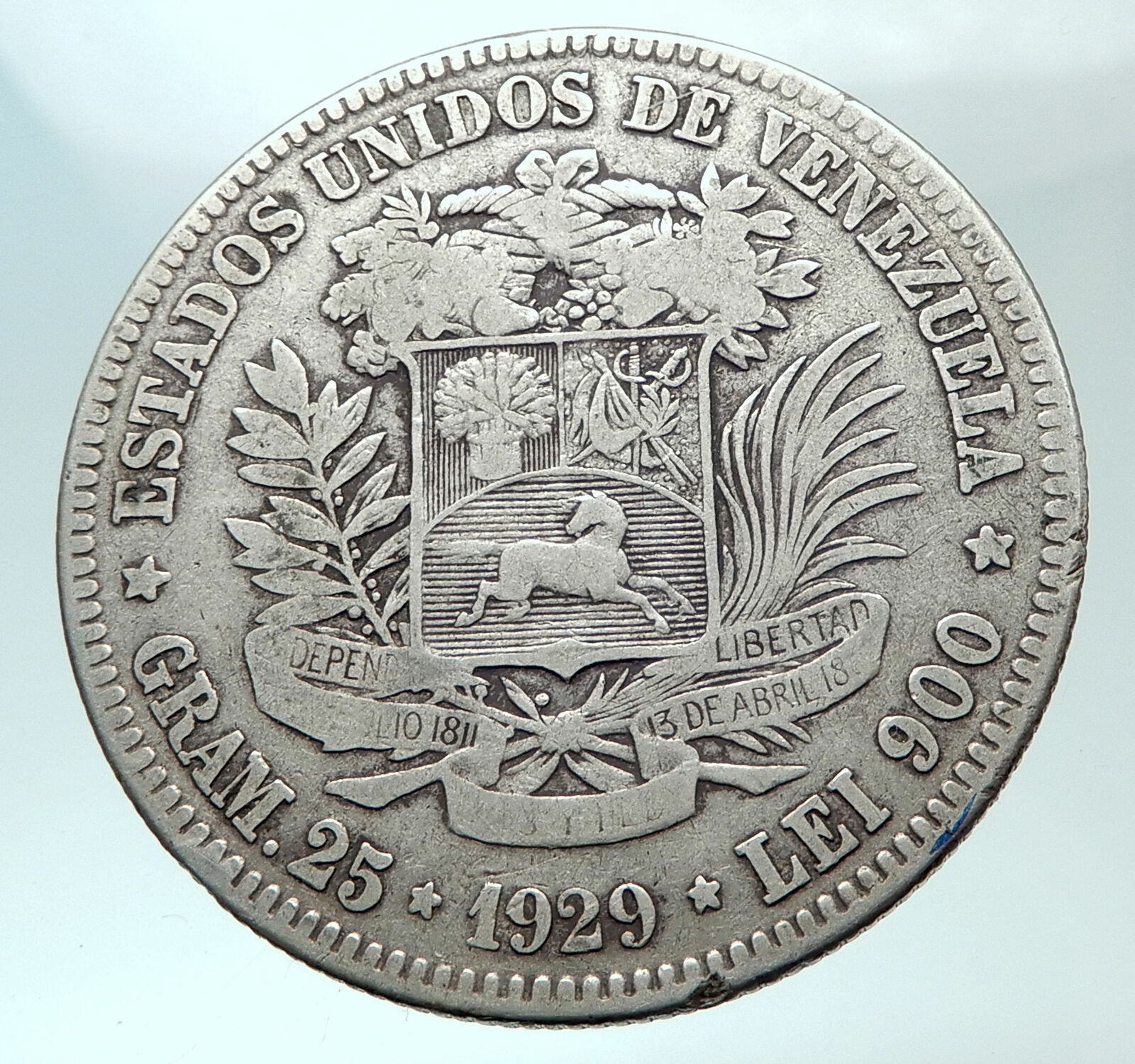 1929 Freemason President Simon Bolivar VENEZUELA Founder Silver 5 B Coin i82137