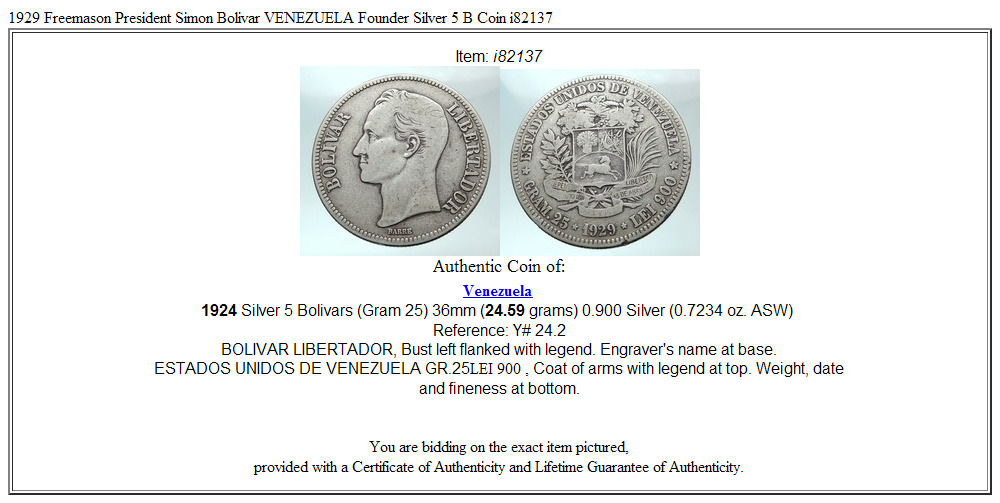 1929 Freemason President Simon Bolivar VENEZUELA Founder Silver 5 B Coin i82137