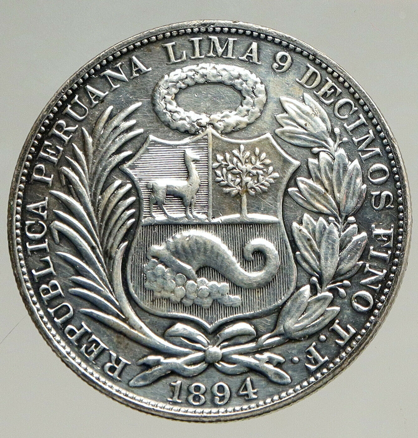 1894 TF PERU South America Antique Original BIG Silver Peruvian SOL Coin i94176