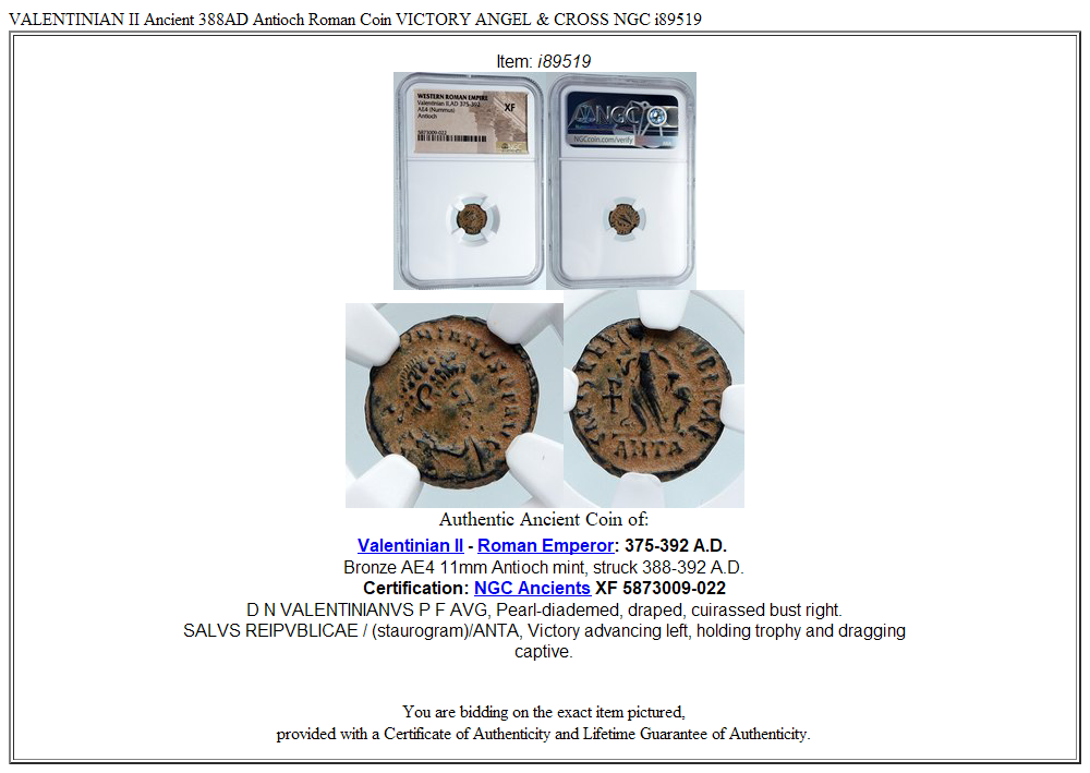 VALENTINIAN II Ancient 388AD Antioch Roman Coin VICTORY ANGEL & CROSS NGC i89519