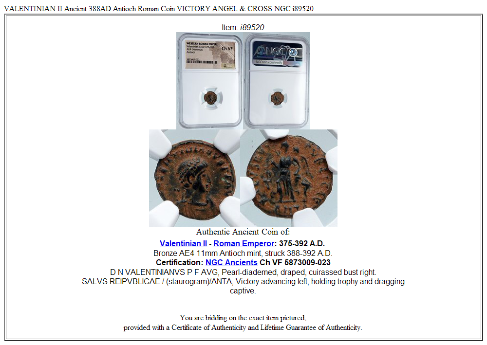 VALENTINIAN II Ancient 388AD Antioch Roman Coin VICTORY ANGEL & CROSS NGC i89520