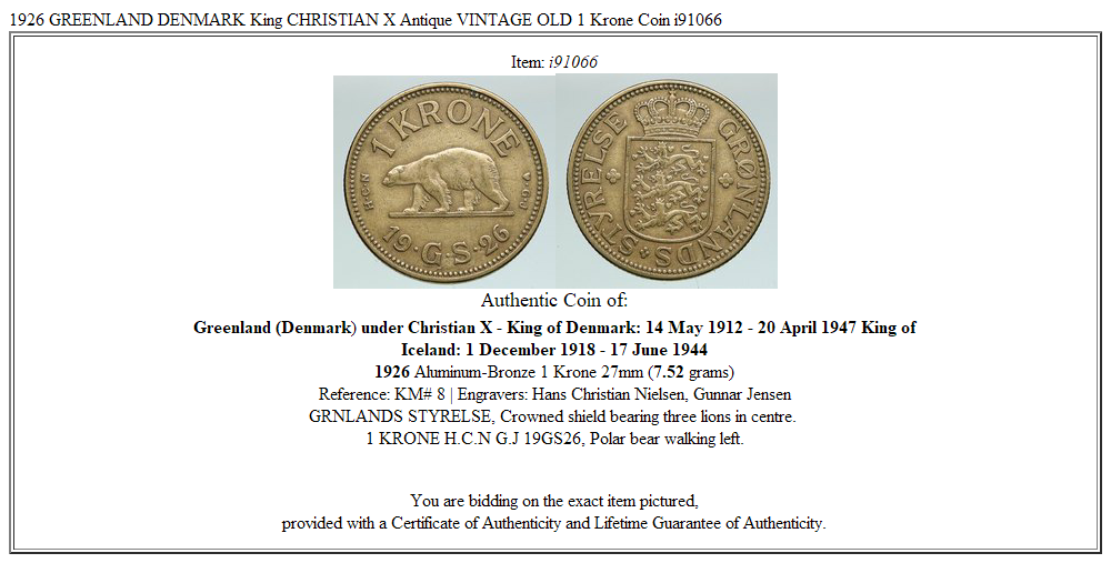 1926 GREENLAND DENMARK King CHRISTIAN X Antique VINTAGE OLD 1 Krone Coin i91066