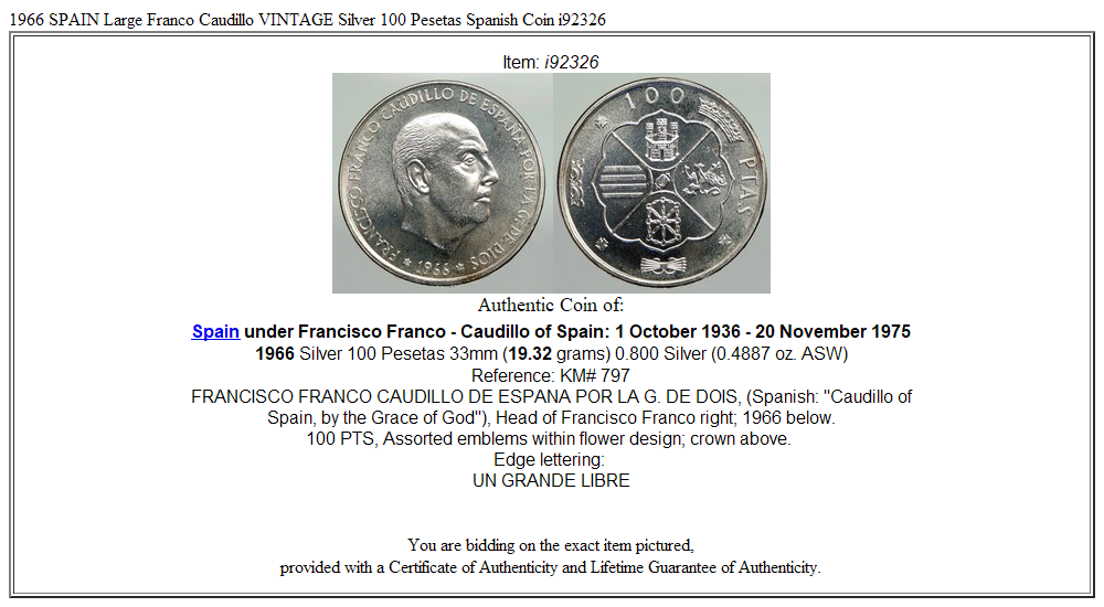 1966 SPAIN Large Franco Caudillo VINTAGE Silver 100 Pesetas Spanish Coin i92326