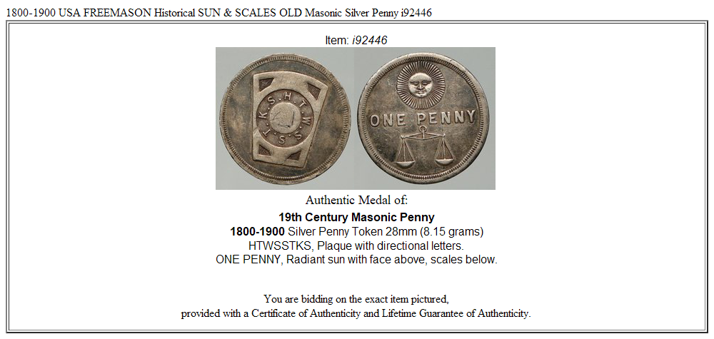 1800-1900 USA FREEMASON Historical SUN & SCALES OLD Masonic Silver Penny i92446