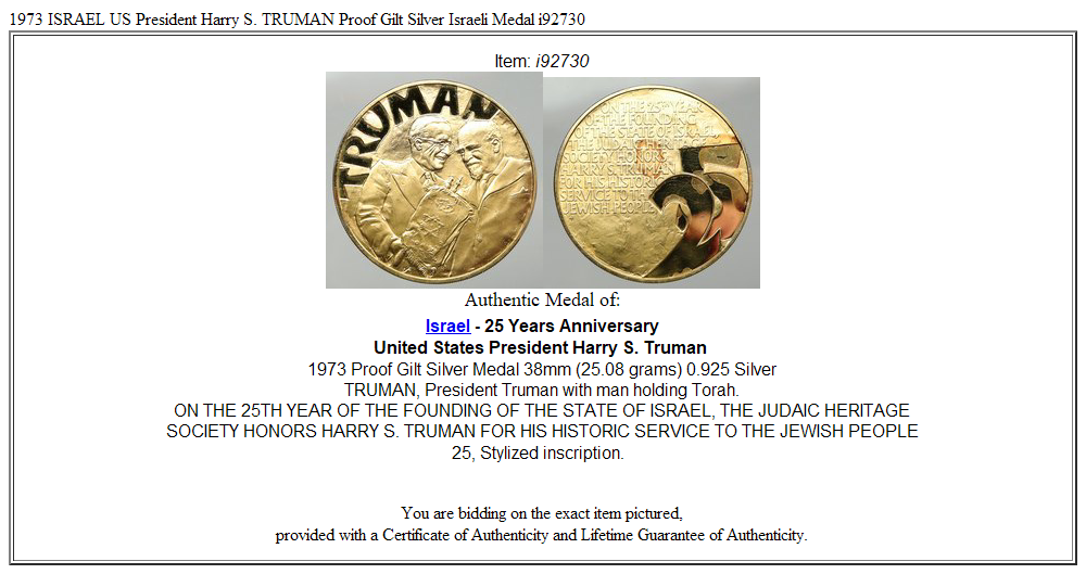 1973 ISRAEL US President Harry S. TRUMAN Proof Gilt Silver Israeli Medal i92730