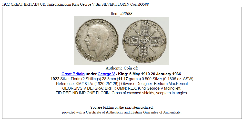 1922 GREAT BRITAIN UK United Kingdom King George V Big SILVER FLORIN Coin i93588