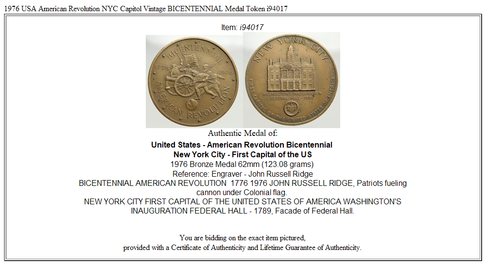 1976 USA American Revolution NYC Capitol Vintage BICENTENNIAL Medal Token i94017