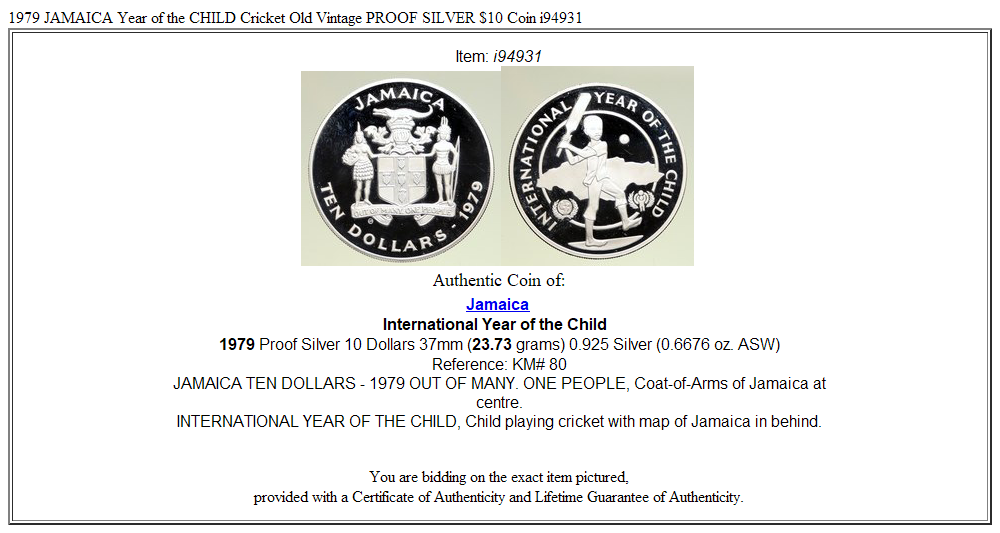 1979 JAMAICA Year of the CHILD Cricket Old Vintage PROOF SILVER $10 Coin i94931