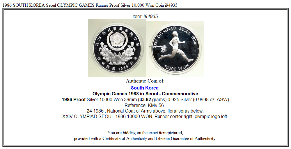 1986 SOUTH KOREA Seoul OLYMPIC GAMES Runner Proof Silver 10,000 Won Coin i94935