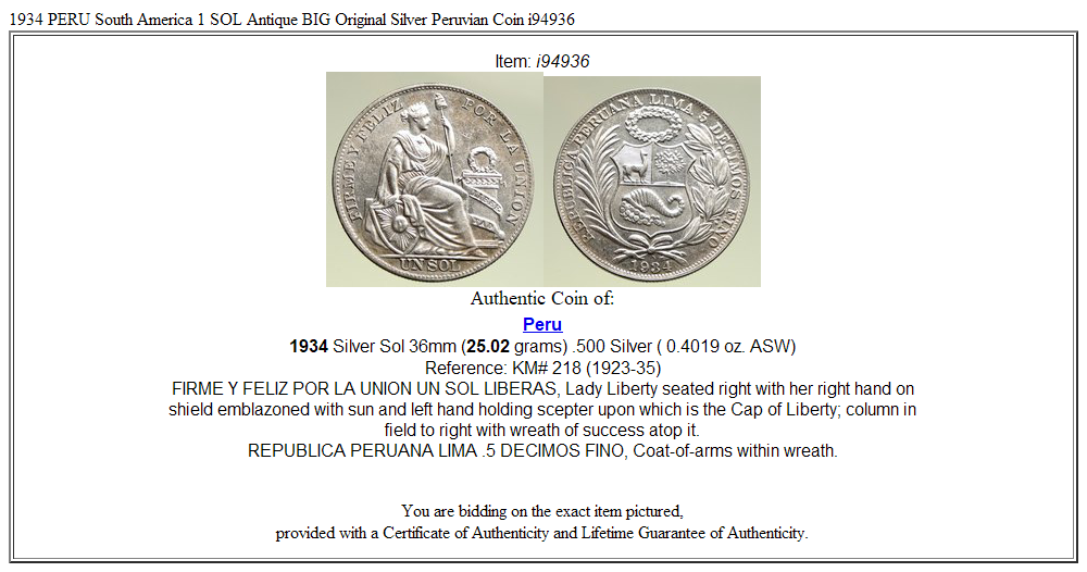 1934 PERU South America 1 SOL Antique BIG Original Silver Peruvian Coin i94936