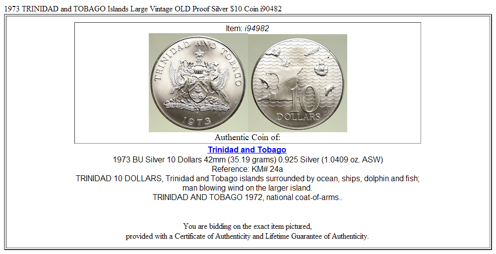 1973 TRINIDAD and TOBAGO Islands Large Vintage OLD Proof Silver $10 Coin i90482