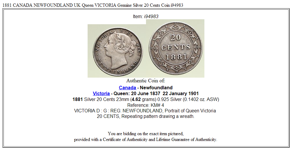 1881 CANADA NEWFOUNDLAND UK Queen VICTORIA Genuine Silver 20 Cents Coin i94983