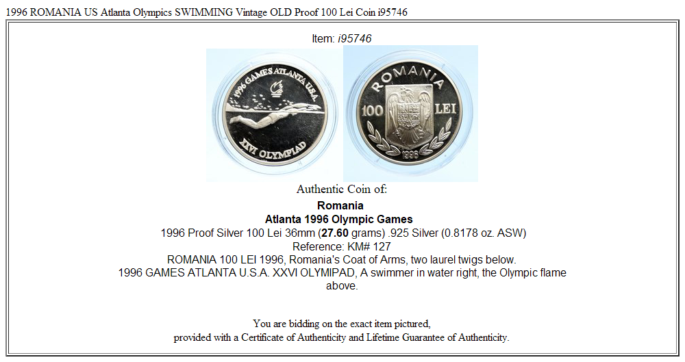 1996 ROMANIA US Atlanta Olympics SWIMMING Vintage OLD Proof 100 Lei Coin i95746