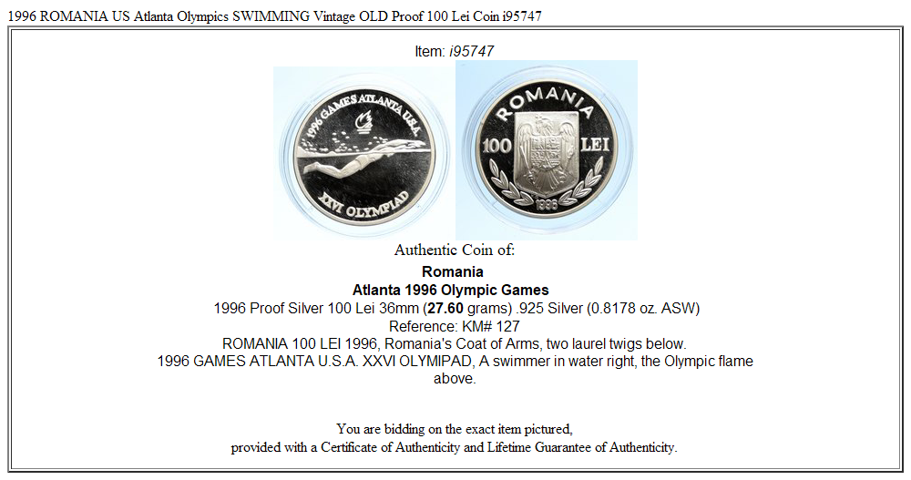 1996 ROMANIA US Atlanta Olympics SWIMMING Vintage OLD Proof 100 Lei Coin i95747