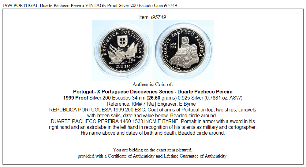 1999 PORTUGAL Duarte Pacheco Pereira VINTAGE Proof Silver 200 Escudo Coin i95749