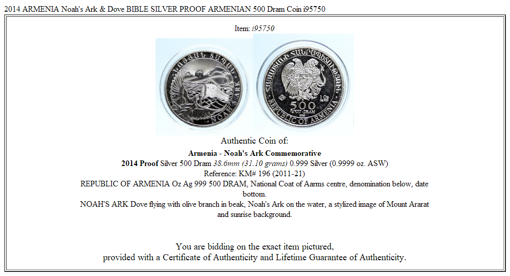 2014 ARMENIA Noah's Ark & Dove BIBLE SILVER PROOF ARMENIAN 500 Dram Coin i95750