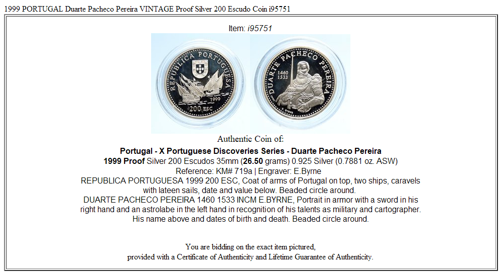 1999 PORTUGAL Duarte Pacheco Pereira VINTAGE Proof Silver 200 Escudo Coin i95751